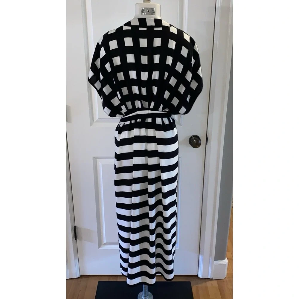 Garnet‎ Hill Size M Black White Print Modern Shirt Dress Obsidian Stripe Check
